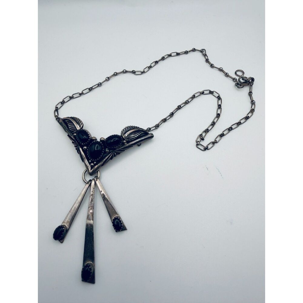 Navajo Necklace 925 Silver Black Onyx Signed Nila Johnson